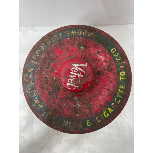 Vintage Velvet Pipe & Cigarette Tobacco Large Red Surface Rust Wear Lid & Tin - Picture 5 of 12